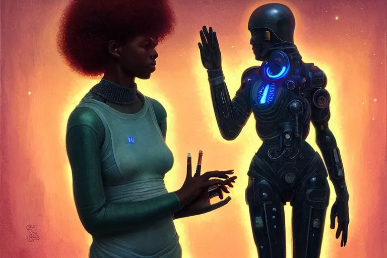 Image similar to patron saint 👩🏾 talking with machine, futuristic clothing, worm hole, neon god of city character portrait, in the style of moebius, wlop, tom bagshaw, and waterhouse, cinematic lighting, beautiful, elegant, oil painting,