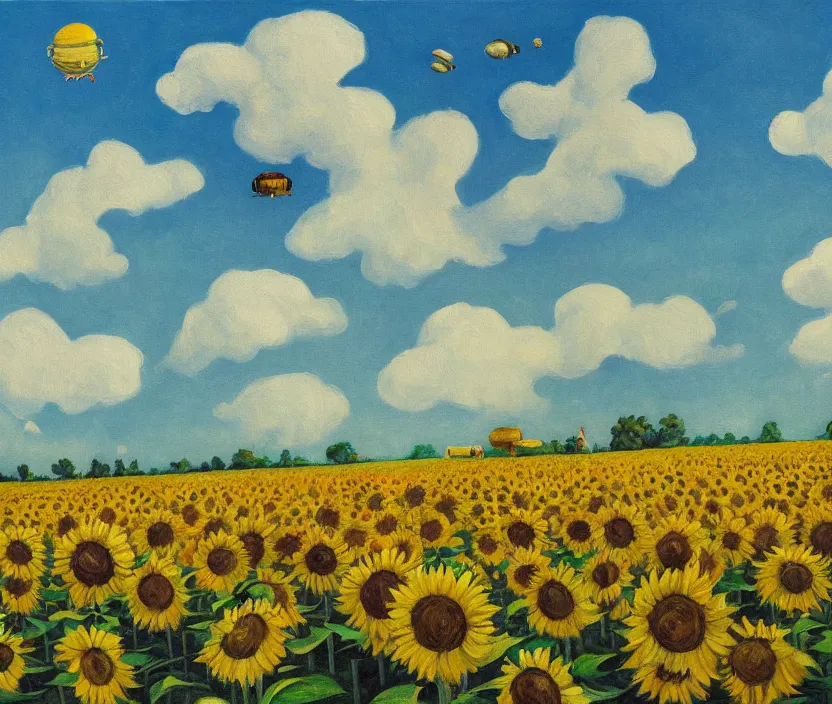 Image similar to a very detailed painting of a sunflower field, baby blue sky with very aesthetic stylized clouds, there is an ad billboard on the field, cows are on the field, an ufo is in the air, the ufo beams up a cow with a green light beam, in the style of edward hopper and kandinsky, very small brushstrokes, 4 k,