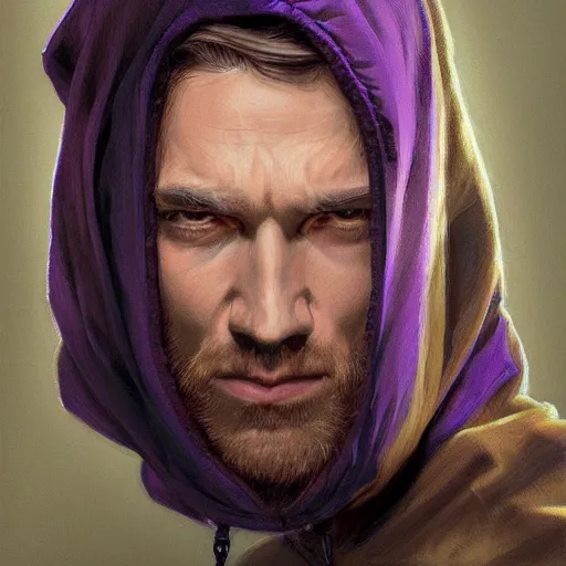 Image similar to ultra realistic illustration, man in a black hood, in a striped purple balaclava, mysterious, highly detailed, digital painting, artstation, concept art, smooth, sharp focus, illustration, art by artgerm and greg rutkowski and alphonse mucha