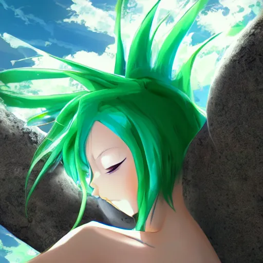 Image similar to anime girl with green hair meditating on a rock, beautiful face, pretty face, serene, sunshine rays, 8 k resolution, digital art