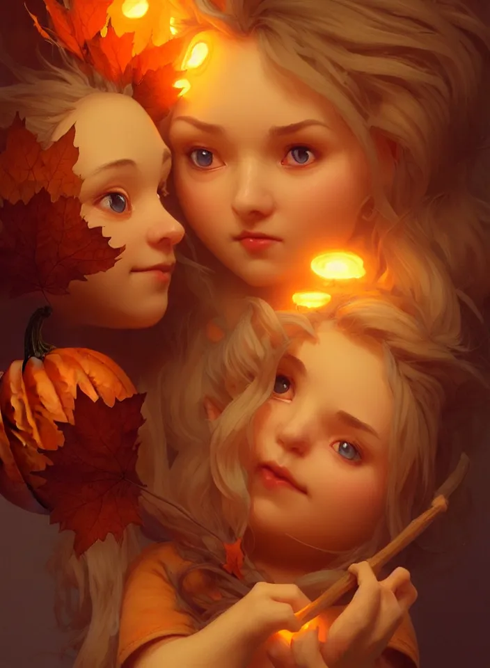 Image similar to hand drawn cute one gnomes face in autumn and pumpkin, detailed closeup face, concept art, low angle, high detail, warm lighting, volumetric, godrays, vivid, beautiful, trending on artstation, art by artgerm and greg rutkowski and alphonse mucha