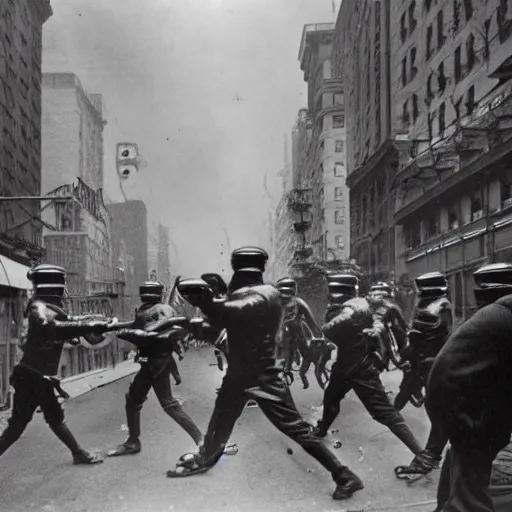 Image similar to old black and white photo, 1 9 1 3, depicting terminators rampaging through the bustling streets of new york city, historical record