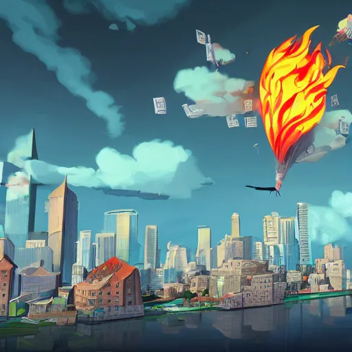 Image similar to a City on fire, money flying through the skies, professional cartoon illustration, trending on artstation, 3D