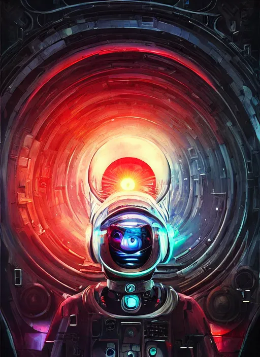 Prompt: a futuristic astronaut with glowing eyes and a wormhole tunnel cyberpunk art by android jones, featured on artstation, darksynth, synthwave