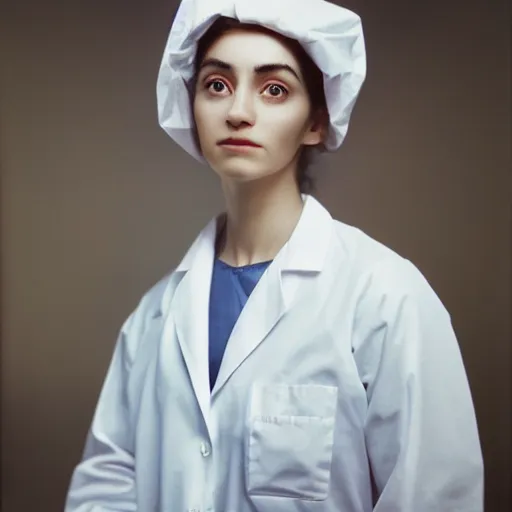 Prompt: a stock photograph of a young woman doctor wearing a lab coat, dof, sharp focus, highly detailed face, symmetric face, realistic iris, cinestill 8 0 0 t, photography by paolo roversi