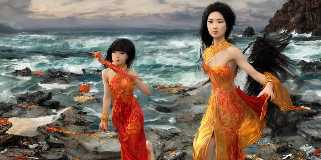 Image similar to ! dream photorealistic long shot of a dark mystical goddess wearing a qipao dress, big sun rough sea and jagged rocks, nets, plastic bottles, garbage, sand and sea, golden hour, ao dai, environmental, fantasy, atmospheric, hyper realistic, artstation, art by artgerm, andres rodriguez and john william waterhouse