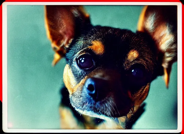 Image similar to a extreme close - up photo, color studio photographic portrait of a little dog, dramatic backlighting, 1 9 7 3 polaroid photo from life magazine,