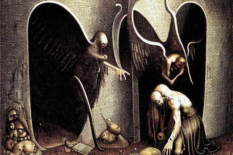 Image similar to fallen angel begs to enter the gates of hell by les edwards and hieronymus bosch