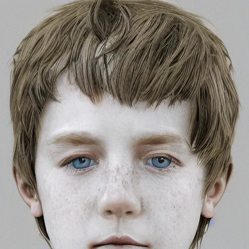 Image similar to face portrait of a boy with red hair and freckles, blue eyes, a long nose, highly detailed, digital art