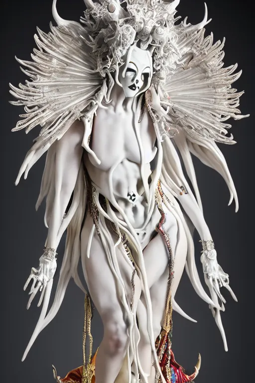 Image similar to white porcelain statue of boned matte sacred demon goddess, sculpture with metallic polished intricated surface, dressed with a colorful torn silk cloak and chrome ornaments, made by antonio corradini, and dug stanat macabre art, dark surrealism, epic and cinematic view, volummetric light, texturized, detailed, 8 k