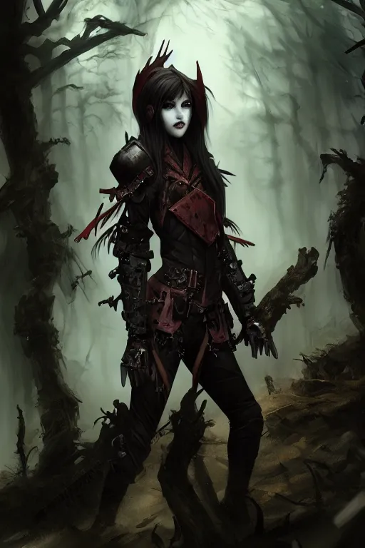 Image similar to dramatic atmospheric dark forest scenery, girl with vampire-fangs in hide leather armor, hyperdetailed, artstation, cgsociety, 8k