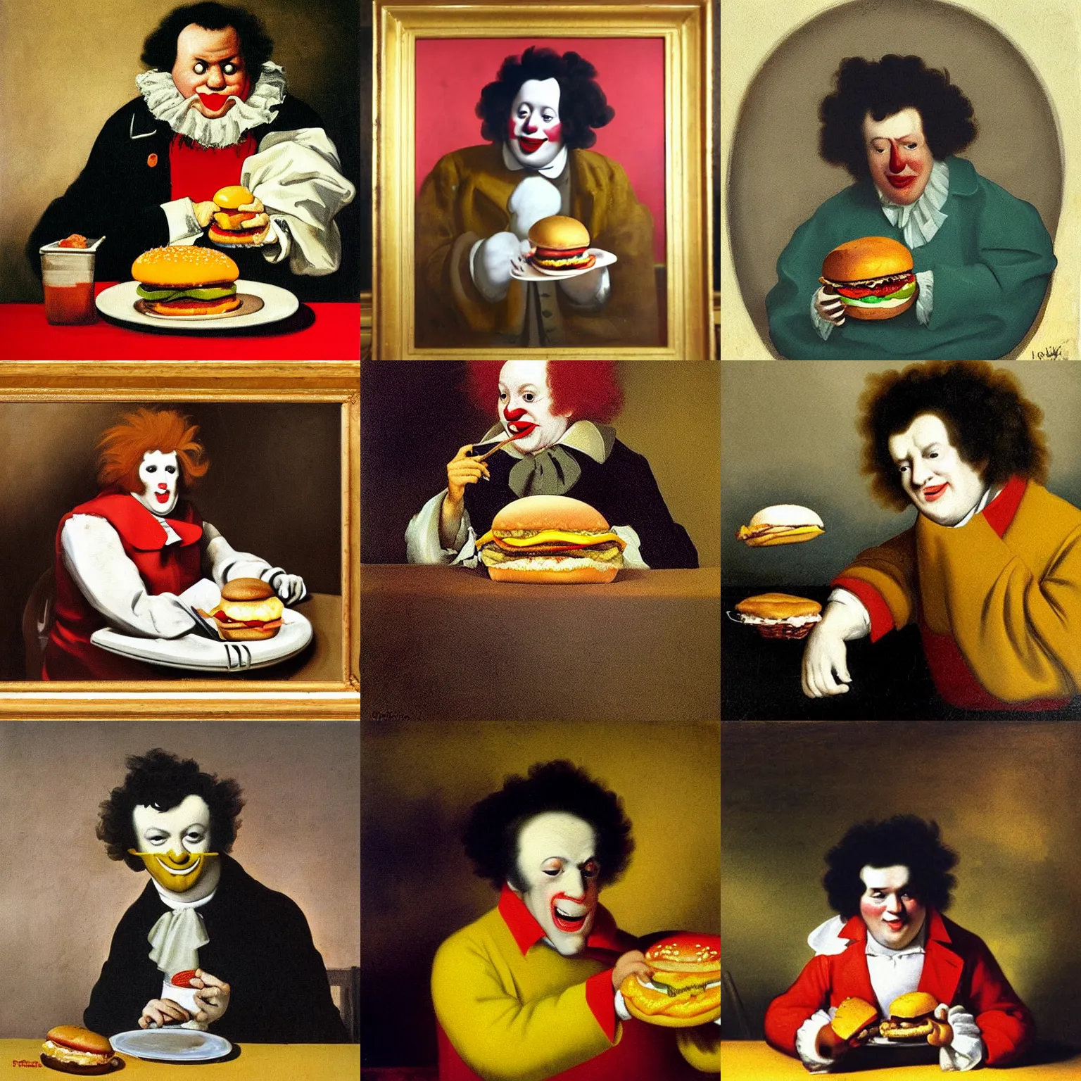 Prompt: ronald mcdonald eating a hamburger, painting by fransisco goya