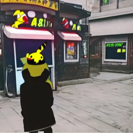 Image similar to CCTV footage of pikachu buying drugs from a random dude in a hoodie in an alley