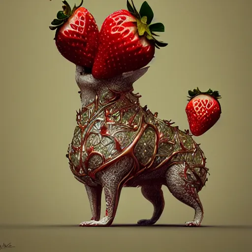 Image similar to corgi as a strawberry : by michal karcz, daniel merriam, victo ngai and guillermo del toro : ornate, dynamic, particulate, intricate, elegant, highly detailed, centered, artstation, smooth, sharp focus, octane render