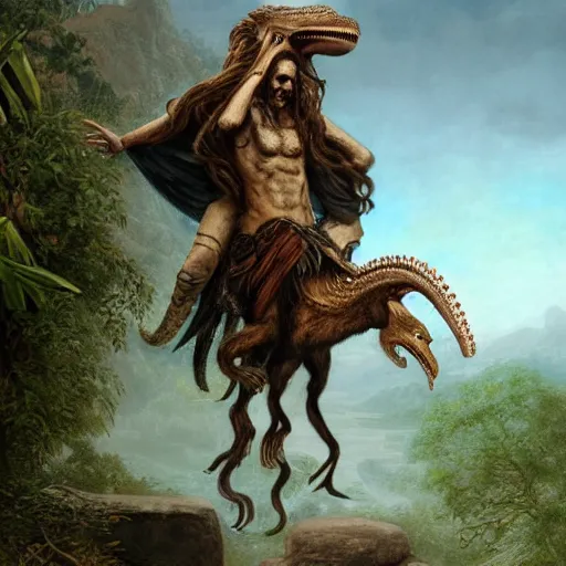 Prompt: a detailed matte painting of a ridiculously good looking jesus with long braided and curly hair riding a velociraptor, elegant ancient greek dress, jungle as the background, drinking a martini, wearing a jean jacket and a beenie, very detailed, beautiful, intricate, art by greg rutkowski and rembrandt, octane render