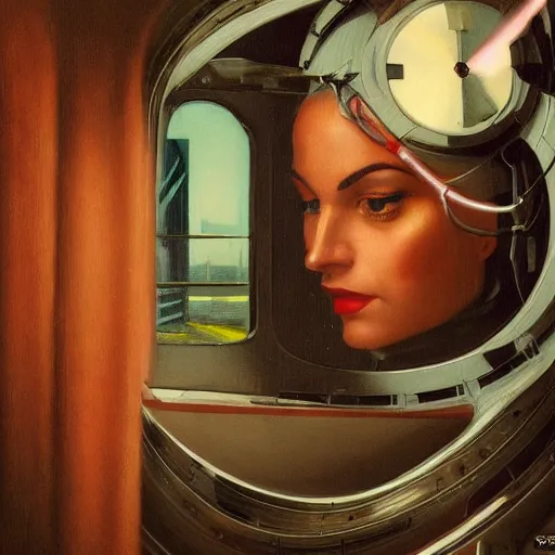 Prompt: detailed face of a woman, clockwork woman, moment, tectonic sky, skydome, bullet train, turbines, tech noir, wet reflections, prism, atmospheric, ambient, pj crook, syd mead, livia prima, greg rutkowski, edward hopper