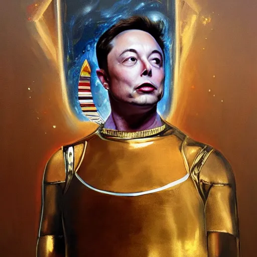 Prompt: Oil Painting of Elon Musk as Cleopatra, sitting on a cloud, ethereal, concept art, hyper realism, sharp focus