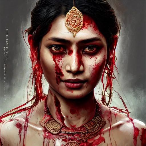 Image similar to portrait painting of a bloodied nepali female butcher wearing sari, ultra realistic, concept art, intricate details, eerie, highly detailed, photorealistic, octane render, 8 k, unreal engine. art by artgerm and greg rutkowski and alphonse mucha