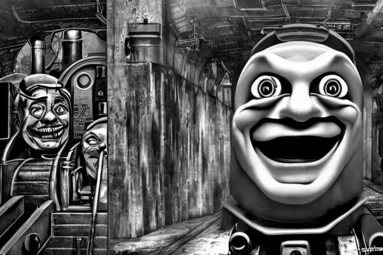 Prompt: Dystopian Thomas the Tank Engine laughing like The Joker by H.R. Giger. Grayscale