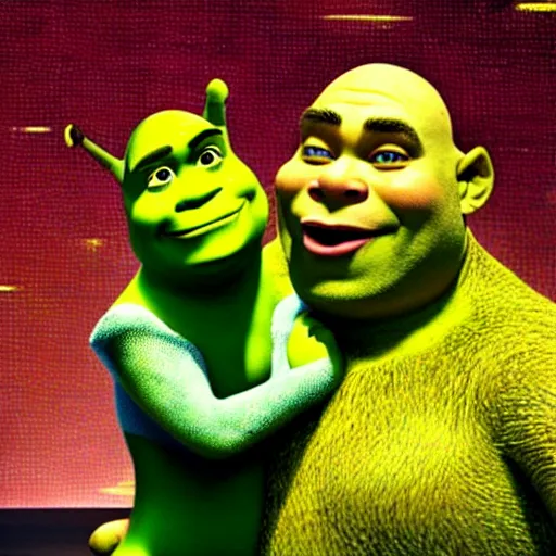 prompthunt: Shrek smoking a joint. His eyes are red. Next to him is Donkey  wearing the meme pixelated sunglasses.