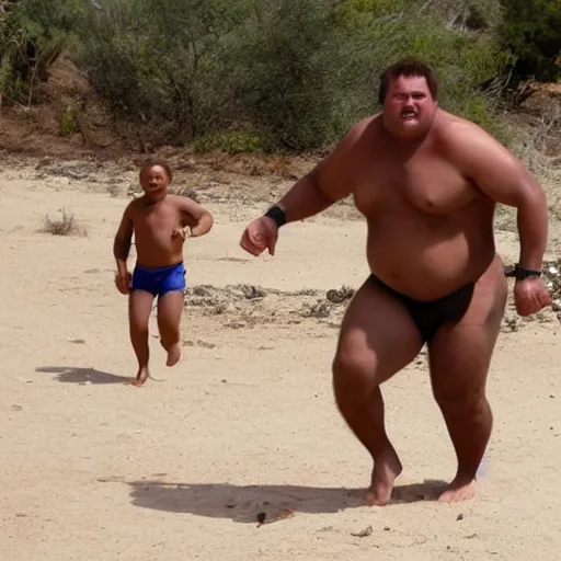 Prompt: mini - dv still of a fat, caucasian man in a swimsuit chasing african tribesmen