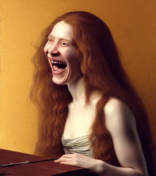 Image similar to portrait of a long - haired woman laughing at a joke sitting upon a table with heightened detail, poised, intense emotion, detailed facial expression, detailed surroundings, intricate, elegant, highly detailed, centered, digital painting, artstation, concept art, smooth, sharp focus, illustration, by ( leonardo da vinci ), wlop