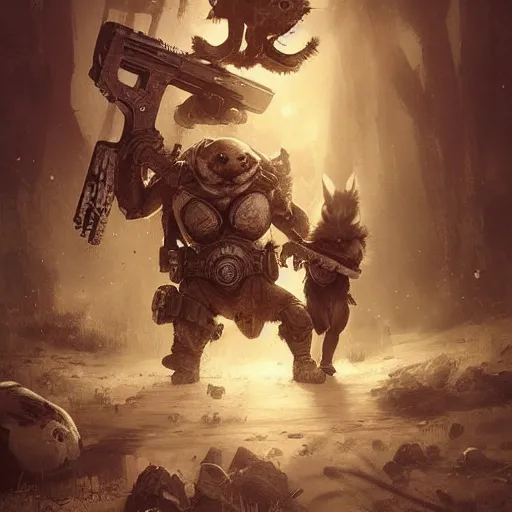 Image similar to cute little anthropomorphic Rabbit and a cool looking Wolf in Gears of War cover art, ultra wide lens shot , tiny, small, rage, short, cute and adorable, scary, brutal, pretty, beautiful, DnD character art portrait, matte fantasy painting, DeviantArt Artstation, by Jason Felix by Steve Argyle by Tyler Jacobson by Peter Mohrbacher, cinematic lighting