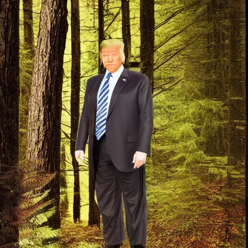 Image similar to donald trump as bigfoot, cryptozoology photograph, forest, setting,