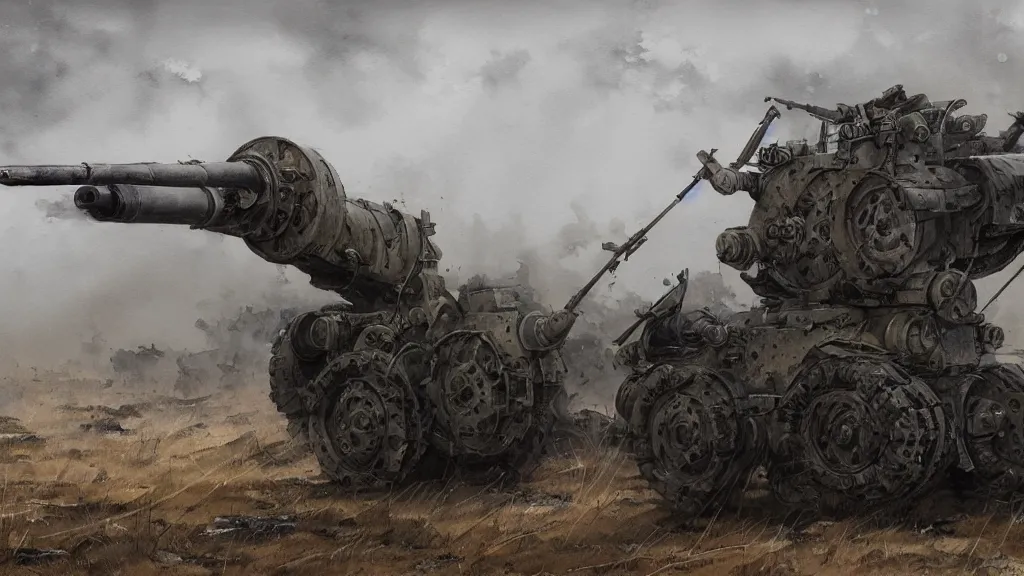 Prompt: closeup of m 7 7 7 howitzer artillery, watercolored, jakub rozalski, dark colours, dieselpunk, high quality, artstation