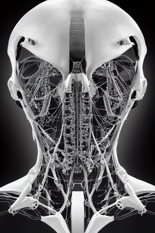 Prompt: symmetry!! beautiful cybernetic android craniun closeup + spinal cord cables, medical anatomy, based on elysium movie, very symmetrical exoskeleton hydraulic valve, rectilinear robotic muscular transmission derailleur with curvy muscular back view neck muscles in the black crystal cube, cinematic photo, by vitaly bulgarov