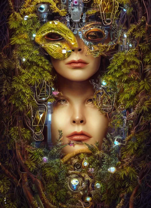 Image similar to oil painting of beautiful female robot covered by plants and crystals in the mystical forest, beautiful symmetrical face, chrome parts, opal crystals, renaissance style, golden steampunk, retro futurism, sci - fi, filigree jewellery, baroque, cinematic light, mystical shadows, 8 k