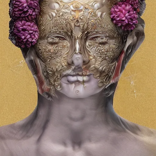 Image similar to beatifull face portrait of a woman, 150 mm, anatomical, flesh, flowers, mandelbrot fractal, facial muscles, veins, arteries, intricate, golden ratio, full frame, microscopic, elegant, highly detailed, ornate, ornament, sculpture, elegant , luxury, beautifully lit, ray trace, unreal, 3d, PBR, in the style of peter Gric , alex grey and Romero Ressendi