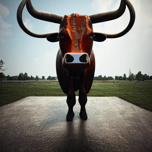 Image similar to a standing bull android modeled after a bull made of hard rubber looking into the camera, android, cyborg, half body, intricate, 3 d, fantasy, depth of field, octane render, symmetrical, hyper realism, highly detailed, digital art, artstation, concept art, cinematic lighting, trending