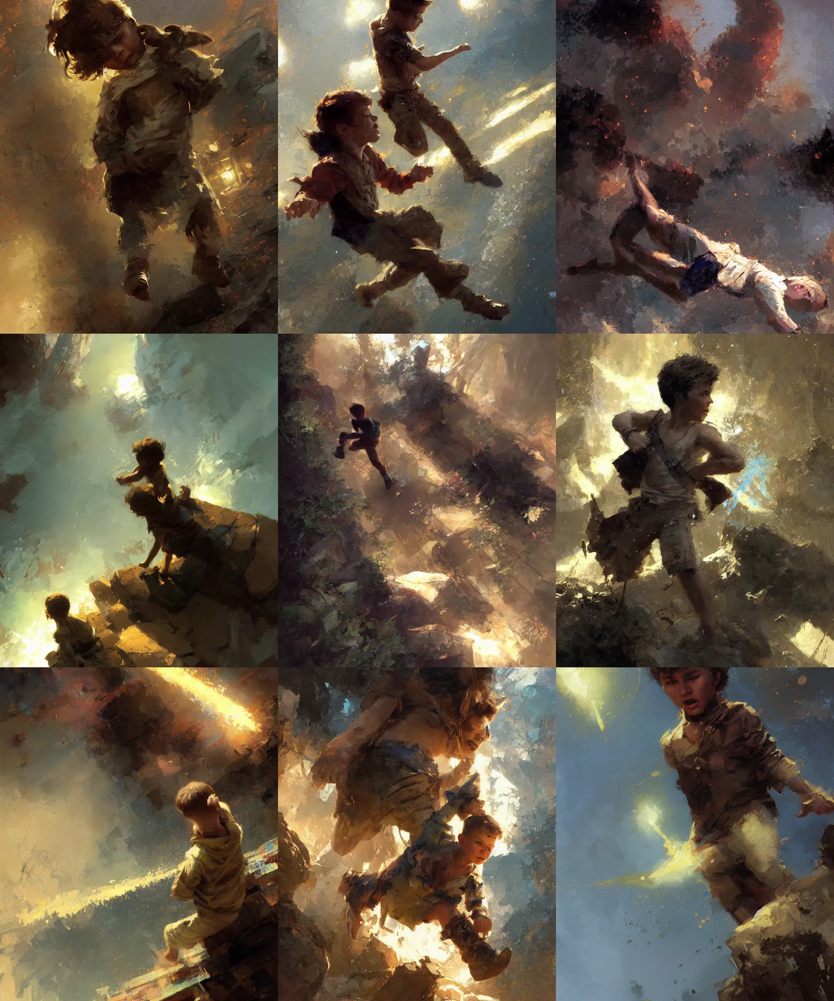 Prompt: zenith view digital art painting of a young boy falling painted by craig mullins and gaston bussiere and greg rutkowski, dramatic lighting, close up
