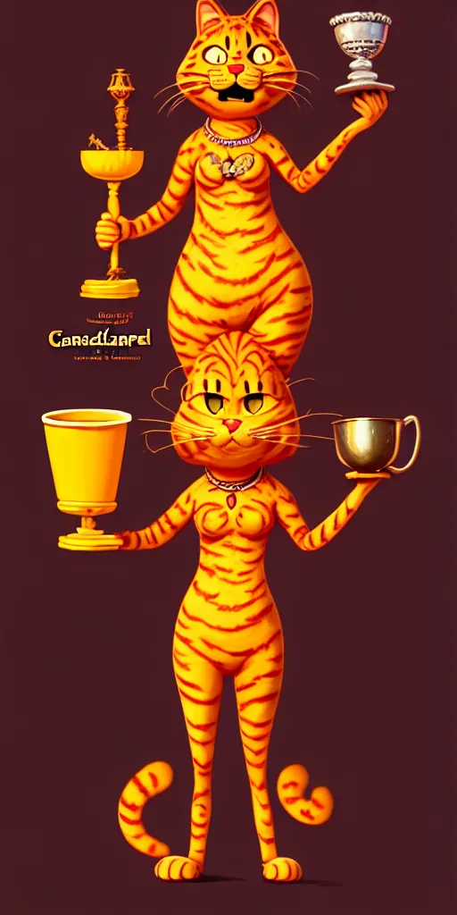 Image similar to fullbody!! personification of garfield the cat garfield goddess holding a blood chalice and lasagna, detailed, stunning, garfield cat face, hyperrealistic, trending on artstation, smooth and sharp, intricate, highly detailed, elegant, professional character concept art by tatyana kupriyanova