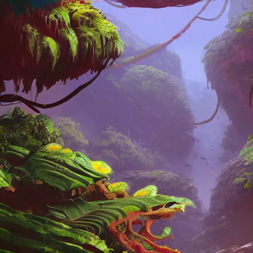 Image similar to Canyon in the jungle with corals and dinosaur dkeletons, 8k, detailed, concept art, trending on artstation