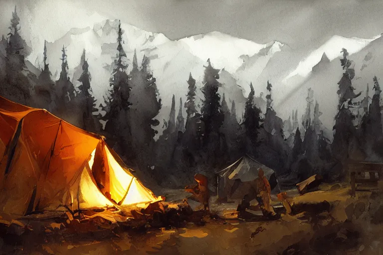 Prompt: small centered on white watercolor paper, paint brush strokes, abstract watercolor painting of scandinavian hunter tent camp, smoking log fire, midday sharp light, cinematic light, american romanticism by hans dahl, by jesper ejsing, by anders zorn, by greg rutkowski, by greg manchess, by tyler edlin