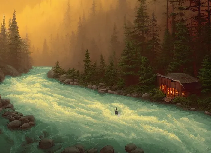 Image similar to matte sharp painting, close - up of a river running past a cozy cabin in the mountains, heavy rain, juxtapoz, artforum, gary baseman, preston blair, tex avery, dan mumford, pedro correa