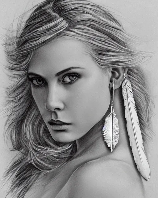 Image similar to pencil drawing of beautiful greek goddess aphrodite with arrowhead earrings and beautiful feather jewelry, beautiful piercing eyes, beautiful blonde hair flying in the wind, hyper realistic face, in the style of greg rutkowski, fantasy, amazing detail, epic, elegant, smooth, sharp focus, from the front