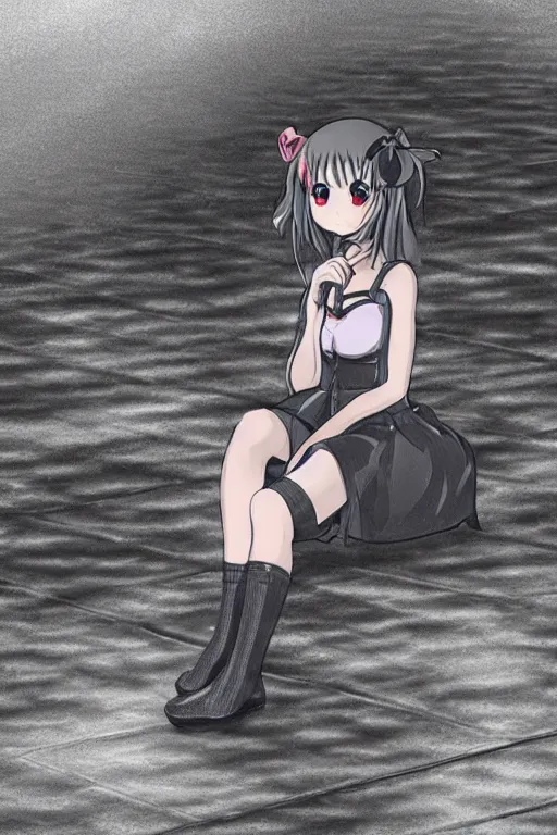 Image similar to A stern girl in Japanese maid's clothes and long stockings sits on the wet pavement in a parking lot in the rain at night. Dark anime drawing in gothic style.