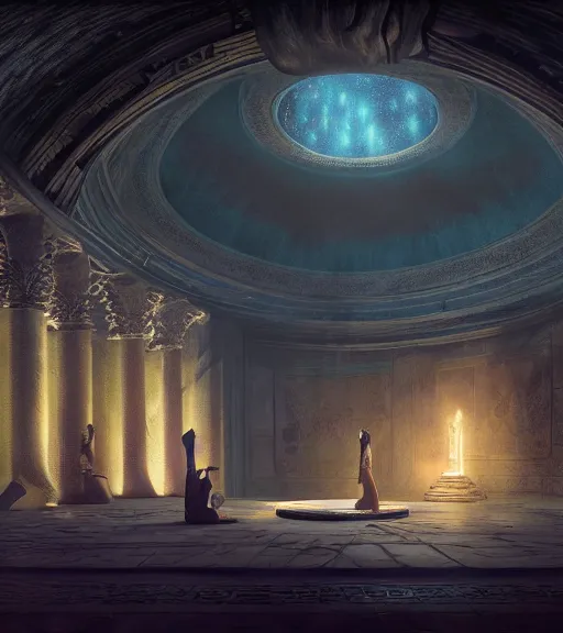 Image similar to fantasy movie scene greg rutkowski digital painting of an ornate and royal egyptian antechamber tomb, a circular pool with a galaxy inside, unreal engine, hyper realism, realistic shading, cinematic composition, blender render, octane render, hdr, detailed textures, photorealistic, ultrawide shot, 3 5 mm film