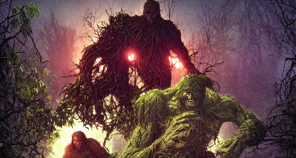 Image similar to Marvel Comics Man Thing Battles DC Comics Swamp Thing In A Misty Swamp, bats, sunset, volumetric lighting, hyperrealistic, beautiful details, HDR, octane render, action shot, wide angle, bokeh, Yasushi Niarasawa Moebius Jim Steranko Style