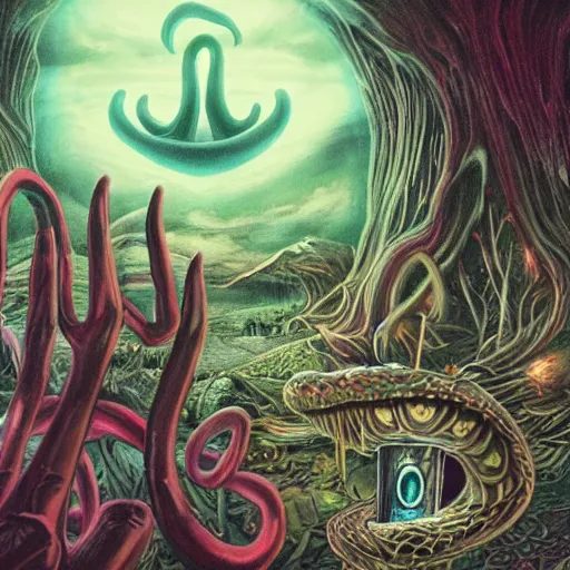 Image similar to A centered chest up portrait of a psychedelic demonic anthropomorphic snake smoking a hand-rolled cigarette smoking heavily , magic mushroom village in background , award winning. superb resolution. in the art style of junji Ito and greg rutkowski . Detailed Mushroom city in background. Hyper realistic anime. Perfect art. Dalle2