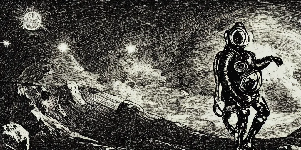 Image similar to portrait of a person wearing a space helmet on an alien planet, space and stars visible in the background, in the style of Goya etchings