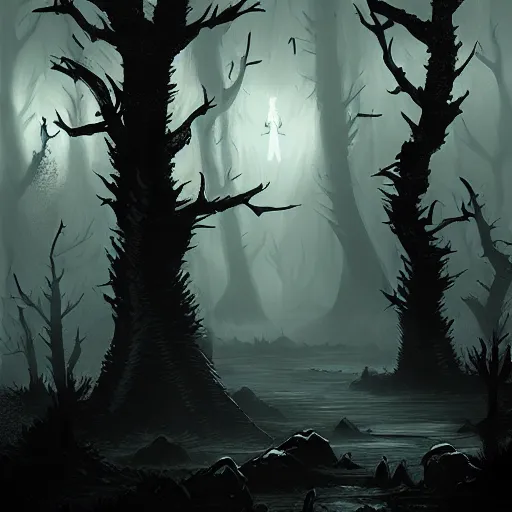 Image similar to dark fantasy landscape forest in the style of symbaroum