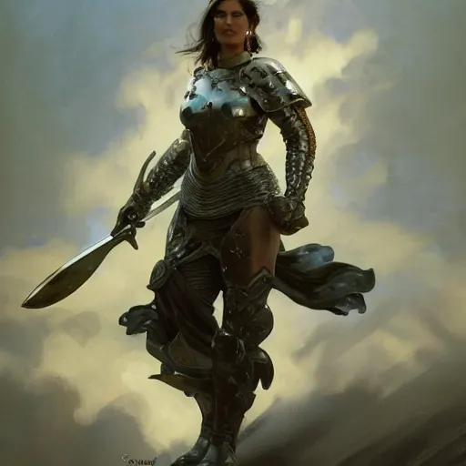Prompt: A painting of Gina Carano wearing silver armour and holding a sword ,by Stanley Artgerm Lau, Greg Rutkowski, Thomas Kinade ,Alphonse Mucha, Loish, Norman Rockwell ,trending on artstation , rule of thirds, HD 4k