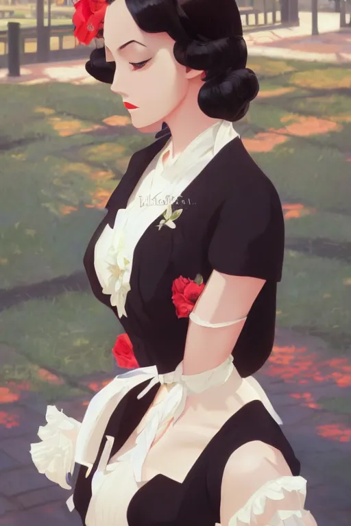 Image similar to portrait of a beautiful girl with dark hair dressed in 1940's fashion, park background, rich vivid colors, ambient lighting, dynamic lighting, 4k, official media, anime key visual, makoto shinkai, ilya kuvshinov, lois van baarle, rossdraws, detailed, trending on artstation