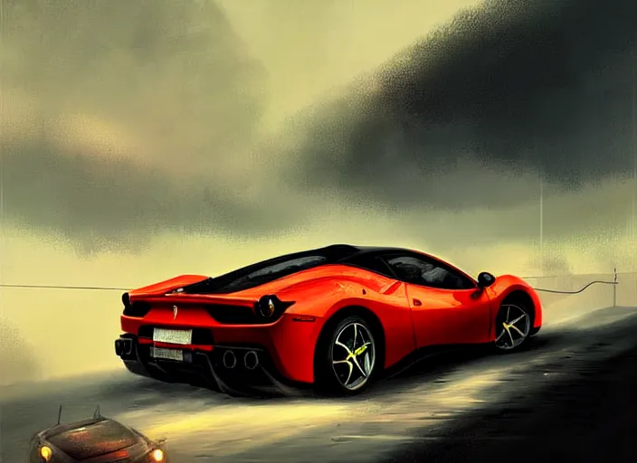 Prompt: A grown man driving a Ferrari in 1800. Digital painting. Greg Rutkowski. Fantasy artwork.