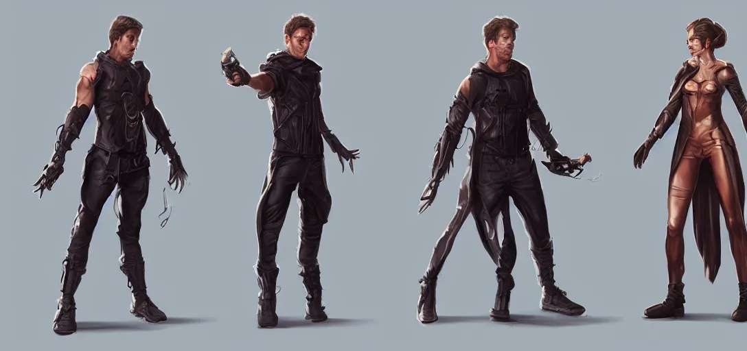 Image similar to character sheet concept art of male and female movie characters, renaissance, futurepunk, parkour, rebel, realistic, hyper realistic, photographic, costume, by marc brunet and artgerm