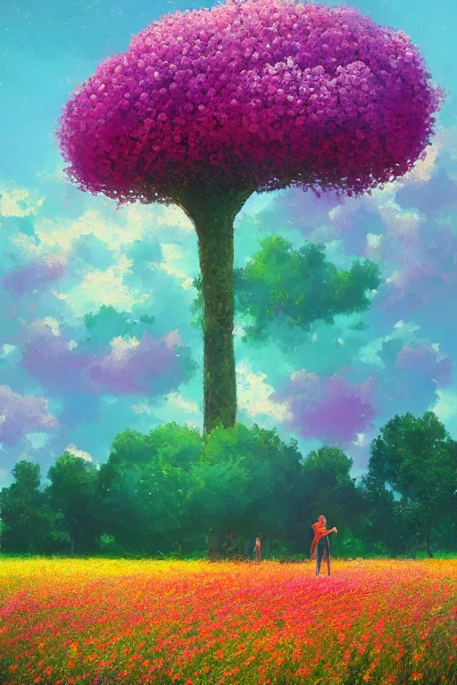 Image similar to girl made out of huge flowers, standing in a flower field, big trees, sunrise dramatic light, impressionist painting, colorful clouds, digital painting, pointillism, artstation, simon stalenhag
